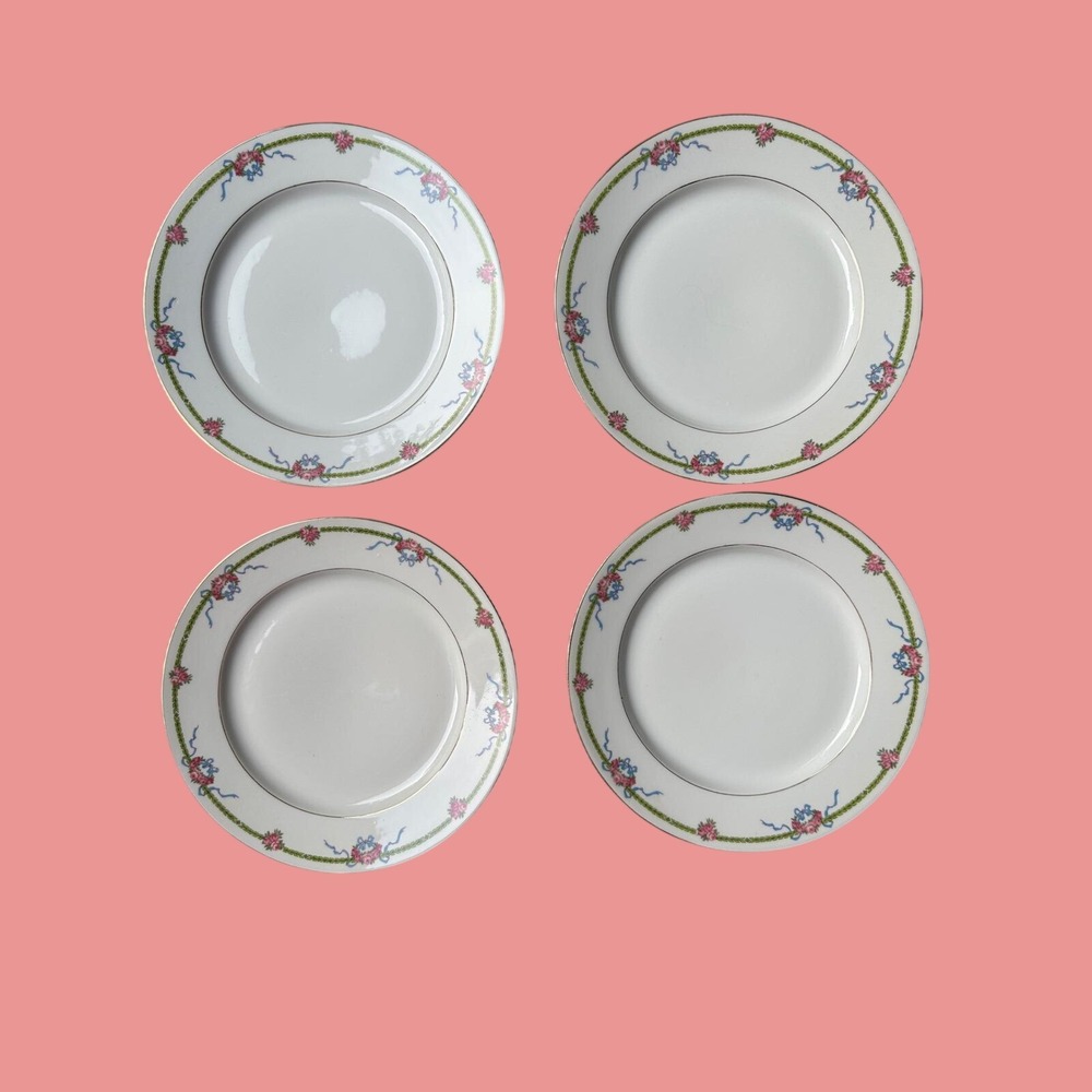 T&V Limoges France Antique Art Nouveau Salad Plates Hand Painted Floral Set of 4